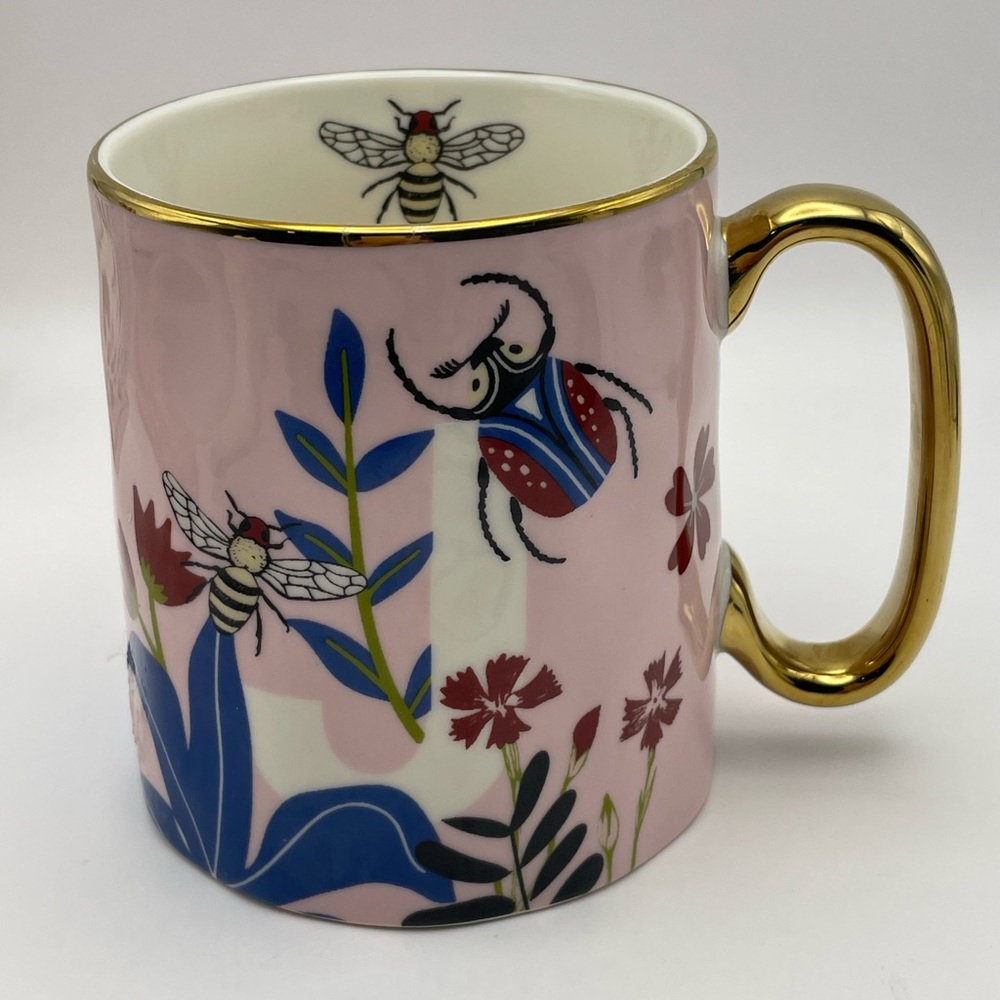 SH Home, Pink, Ceramic, Letter “J” Mug, Beetle/Floral, Gold Handle, 16oz